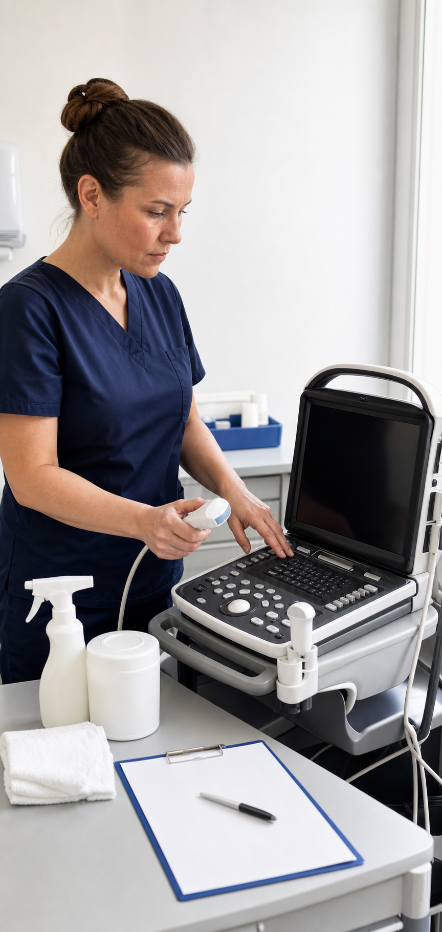 Clinician using portable ultrasound equipment during a mobile examination