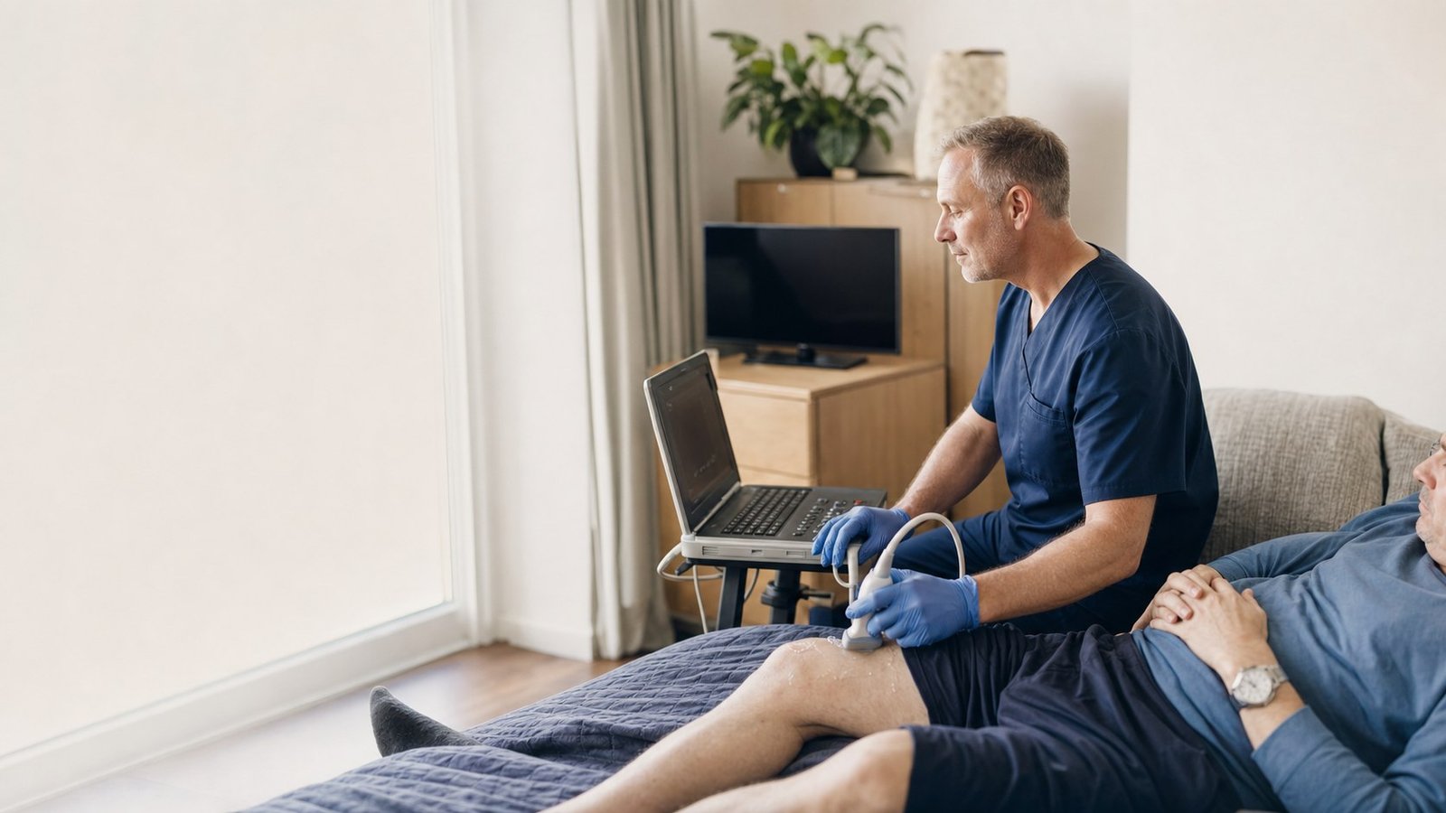 Mobile ultrasound clinician performing an examination in a patient's home